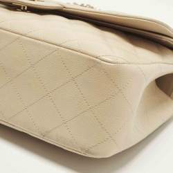 Pre Owned Chanel Classic Double Flap Jumbo Beige Quilted Caviar Leather Bag