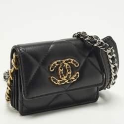 Pre Owned Chanel 19 Flap Black Quilted Leather Coin Purse with Chain