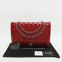 Pre Owned Chanel Classic Double Flap Maxi Red Quilted Patent Leather Bag