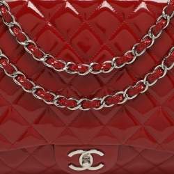 Pre Owned Chanel Classic Double Flap Maxi Red Quilted Patent Leather Bag