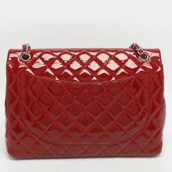 Pre Owned Chanel Classic Double Flap Maxi Red Quilted Patent Leather Bag