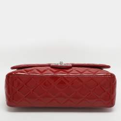 Pre Owned Chanel Classic Double Flap Maxi Red Quilted Patent Leather Bag