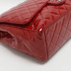 Pre Owned Chanel Classic Double Flap Maxi Red Quilted Patent Leather Bag