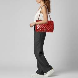 Pre Owned Chanel Classic Double Flap Maxi Red Quilted Patent Leather Bag