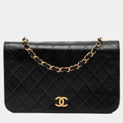Pre Owned Chanel Black CC Quilted Lambskin Full Single Flap