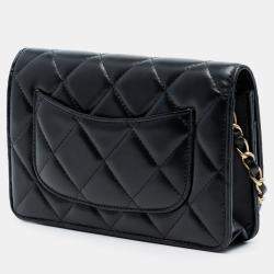 Pre Owned Chanel Black CC Quilted Lambskin Diamond Lock Wallet on Chain