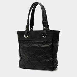 Pre Owned Chanel Black Small Quilted Coated Canvas Paris Biarritz Tote