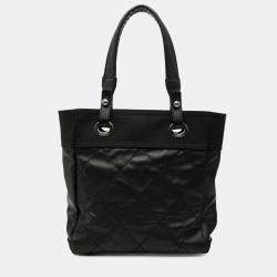 Pre Owned Chanel Black Small Quilted Coated Canvas Paris Biarritz Tote