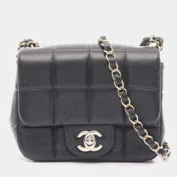 Pre Owned Chanel Chocobar Mini Flap Shoulder Bag In Lambskin Leather Black