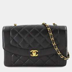Pre Owned Chanel Diana Matelasse Chain Shoulder Bag In Black Lambskin