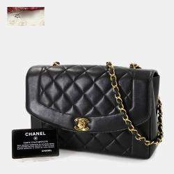 Pre Owned Chanel Diana Matelasse Chain Shoulder Bag In Black Lambskin