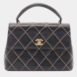 Pre Owned Chanel Wild Stitch Top Handle Handbag Leather Black