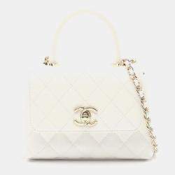 Pre Owned Chanel Coco Handle Mini Matelasse Shoulder Bag In Grained Calfskin Leather White