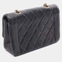 Pre Owned Chanel Matelasse Diana Flap Shoulder Bag In Lambskin Leather Black