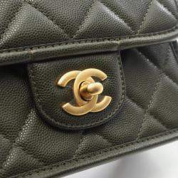 Pre Owned Chanel Small Top Handle Matelasse Shoulder Bag In Grained Calfskin Leather Khaki