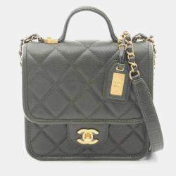 Pre Owned Chanel Small Top Handle Matelasse Shoulder Bag In Grained Calfskin Leather Khaki