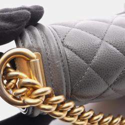 Pre Owned Chanel Boy Chanel Small Shoulder Bag In Grained Calfskin Leather Gray