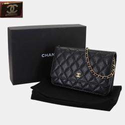 Pre Owned Chanel Matelasse Classic Chain Wallet In Black Caviar Leather