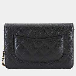 Pre Owned Chanel Matelasse Classic Chain Wallet In Black Caviar Leather
