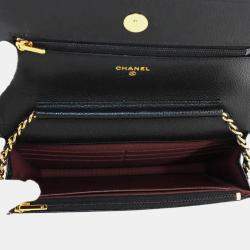 Pre Owned Chanel Matelasse Classic Chain Wallet In Black Caviar Leather
