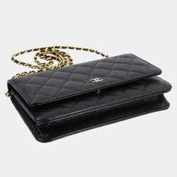 Pre Owned Chanel Matelasse Classic Chain Wallet In Black Caviar Leather