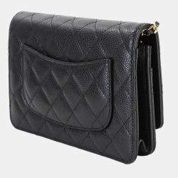 Pre Owned Chanel Matelasse Classic Chain Wallet In Black Caviar Leather
