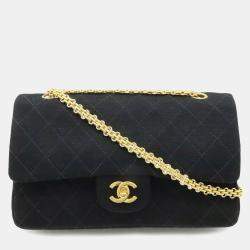 Pre Owned Chanel Matelasse 25 Coco Mark Double Flap Chain Shoulder Bag Black Cotton Jersey