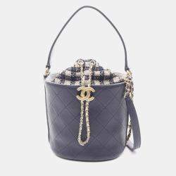 Pre Owned Chanel Matelasse Small Bucket Bag Shoulder Leather Fabric Navy Multicolor