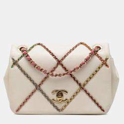Pre Owned Chanel Coco Mark Chain Shoulder Bag In White And Multicolored Lambskin