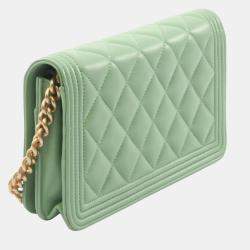 Pre Owned Chanel Boy Chanel Matelasse Shoulder Bag Lambskin Leather Green