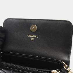 Pre Owned Chanel Matelasse Pearl Chain Shoulder Bag Lambskin Leather Black