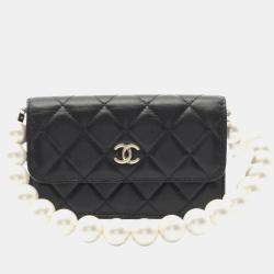 Pre Owned Chanel Matelasse Pearl Chain Shoulder Bag Lambskin Leather Black