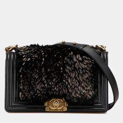 Pre Owned Chanel Coco Mark Boy 25 Crossbody Chain Shoulder Bag In Black Lambskin And Fur