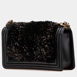 Pre Owned Chanel Coco Mark Boy 25 Crossbody Chain Shoulder Bag In Black Lambskin And Fur