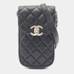 Pre Owned Chanel Matelasse Phone Holder Shoulder Bag Lambskin Leather Black