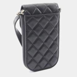 Pre Owned Chanel Matelasse Phone Holder Shoulder Bag Lambskin Leather Black