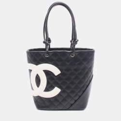 Pre Owned Chanel Cambon Medium Tote Bag Leather Black/White