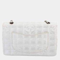 Pre Owned Chanel New Travel Line Chocobar Chain Shoulder Bag In Nylon Jacquard And Leather White