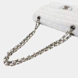Pre Owned Chanel New Travel Line Chocobar Chain Shoulder Bag In Nylon Jacquard And Leather White