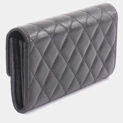 Pre Owned Chanel Matelasse Bifold Long Wallet In Grained Calfskin Leather Black