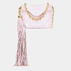 Pre Owned Chanel Matelasse Coco Mark Fringe Chain Shoulder Bag Pink Lambskin