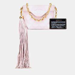 Pre Owned Chanel Matelasse Coco Mark Fringe Chain Shoulder Bag Pink Lambskin