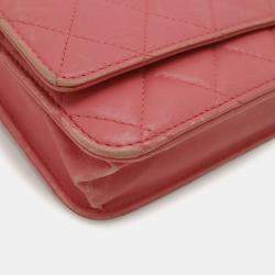 Pre Owned Chanel Simply Cc Matelasse Coco Mark Chain Wallet Shoulder Bag Pochette Leather Pink Red