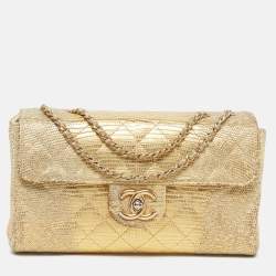 Pre Owned Chanel Triple Compartment CC Flap Gold Quilted Lizard Bag