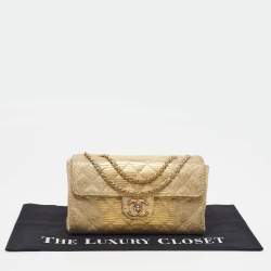 Pre Owned Chanel Triple Compartment CC Flap Gold Quilted Lizard Bag