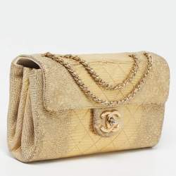 Pre Owned Chanel Triple Compartment CC Flap Gold Quilted Lizard Bag