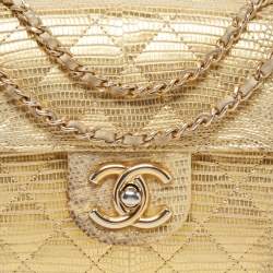 Pre Owned Chanel Triple Compartment CC Flap Gold Quilted Lizard Bag