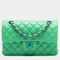 Pre Owned Chanel Green Small Classic Lambskin Rainbow Hardware Double Flap