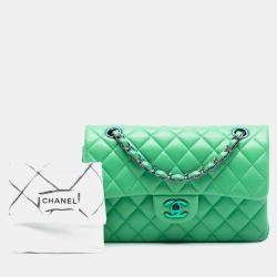 Pre Owned Chanel Green Small Classic Lambskin Rainbow Hardware Double Flap