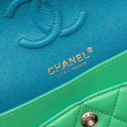 Pre Owned Chanel Green Small Classic Lambskin Rainbow Hardware Double Flap
